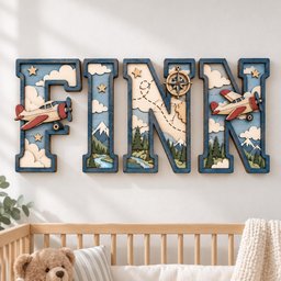 May include: A multi-layered wooden wall sign spelling the name FINN. Each letter features a blue border and a detailed scene with cream-colored clouds, green pine trees, snow-capped mountains, a blue river, small stars, airplanes, and a compass.