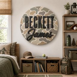 May include: A circular wooden wall sign featuring a camouflage pattern in shades of tan, olive green, and brown. The sign displays the name "BECKETT" in a bold, black sans-serif font above the name "James" in a black, cursive script font.