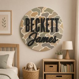 May include: A circular wall sign featuring a camouflage pattern in shades of tan, olive green, and cream. The sign displays the name Beckett in large, black, block capital letters, with the name James in a black, cursive script font below.