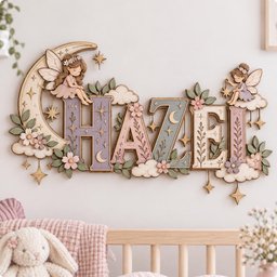 Personalized Fairy Nursery Name Sign, Wooden Baby Girl Wall Decor, Moon and Stars Floral Name Plaque, Custom Princess Fairy Baby Shower Gift image 5