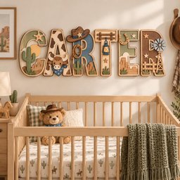 May include: A wall-mounted wooden sign spelling the name CARTER in large, layered letters. Each letter features western-themed cutouts including a cactus, cow print, cowboy hat, lasso, lantern, horseshoe, and a windmill, all in earthy tones.