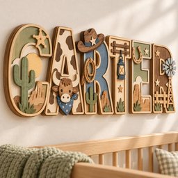 May include: A multi-layered wooden wall sign spelling the name CARTER in a western theme. Each letter features distinct desert-inspired elements including a cactus, a cow with a bandana, a cowboy hat, a lasso, a lantern, a horseshoe, and a windmill.