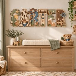 May include: A wooden wall sign spelling the name CARTER in large, layered letters. Each letter features western-themed cutouts including a cow, a cowboy hat, a lasso, a lantern, a horseshoe, a windmill, cacti, and desert rock formations.