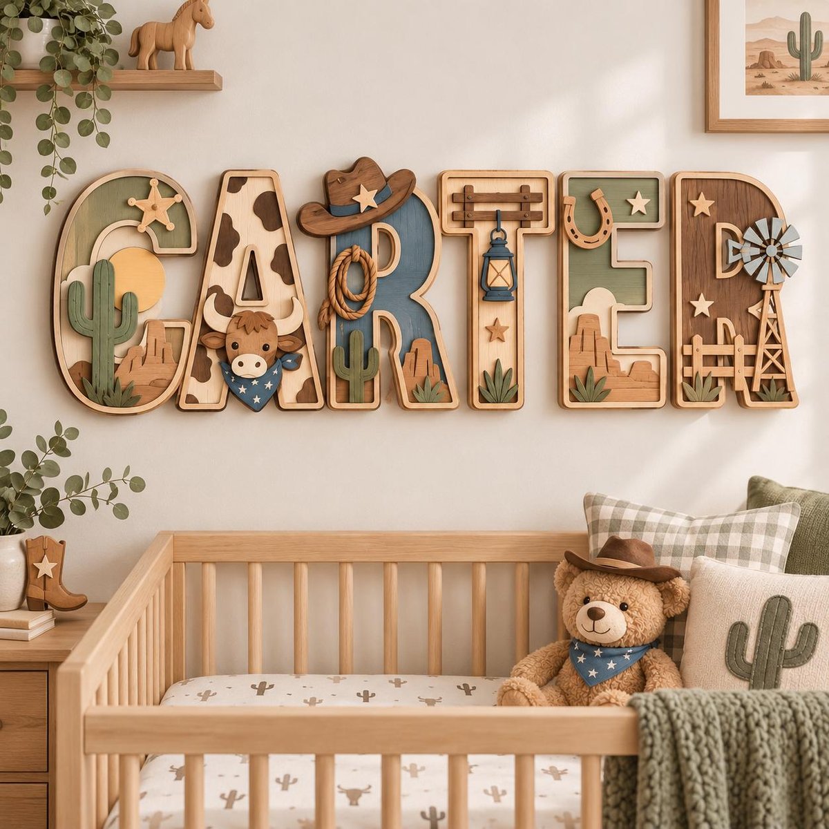 May include: A multi-layered wooden wall sign spelling the name CARTER, featuring western-themed cutouts including a cowboy hat, a cow with a blue bandana, a lasso, a lantern, a horseshoe, and a windmill, all in shades of brown, blue, and green.