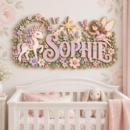 May include: A decorative wall sign featuring the name SOPHIE in large purple letters, surrounded by a white unicorn with a pastel mane, a fairy with wings holding a wand, a gold star, butterflies, and various pink and purple flowers.
