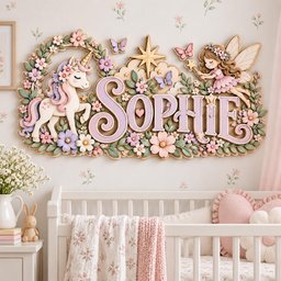 May include: A decorative wall sign featuring the name SOPHIE in large purple letters, surrounded by a white unicorn, a fairy with wings, butterflies, and various pastel-colored flowers. The design includes a gold star and leafy green vines.