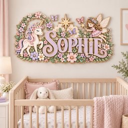 May include: A decorative wall sign featuring the name SOPHIE in large purple letters, surrounded by a white unicorn, a fairy with wings, butterflies, and various pastel-colored flowers and leaves, all arranged in a detailed, layered design.