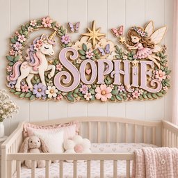 May include: A wall-mounted wooden sign featuring the name SOPHIE in large purple letters. The design includes a white unicorn with a floral mane, a fairy with wings holding a star wand, butterflies, and various pink and purple flowers.