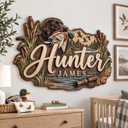 May include: A layered wooden wall sign featuring a brown Labrador retriever holding a mallard duck in its mouth. The sign displays the text Hunter JAMES in a script and block font, surrounded by carved cattails, trees, and a wooden telescope.