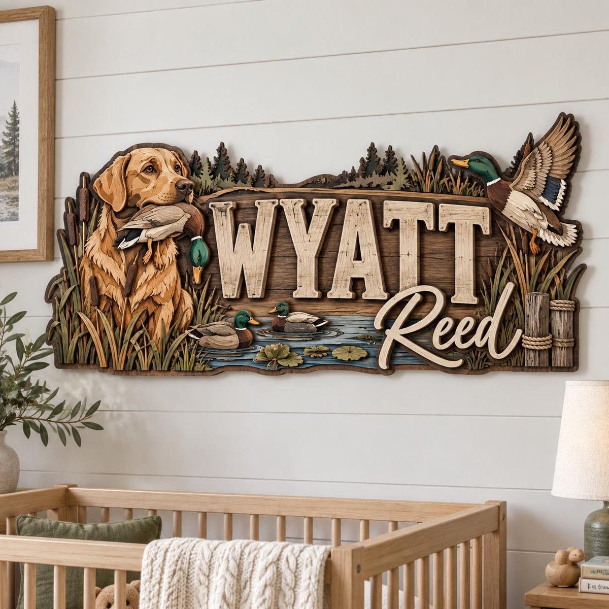 May include: A multi-layered wooden wall sign featuring a golden retriever holding a duck in its mouth, a flying mallard, and two swimming ducks in a pond. The sign displays the name WYATT Reed in large, raised, three-dimensional lettering.