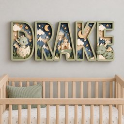 May include: A wall-mounted wooden sign spelling the name DRAKE in large, dimensional letters. Each letter features a layered cutout design with a fantasy theme, including a green dragon, a castle, mountains, pine trees, stars, and a crescent moon.