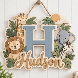 May include: A decorative wooden wall sign featuring a large blue letter H and the name Hudson in script. The design includes layered cutouts of a giraffe, lion, elephant, and zebra surrounded by green tropical leaves and a sun against a white background.