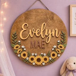 May include: A circular wooden wall sign featuring the name Evelyn in large, raised, light-colored script lettering and the name MAE in smaller, dark-colored block letters. The sign is decorated with a wreath of yellow sunflowers and green leaves.