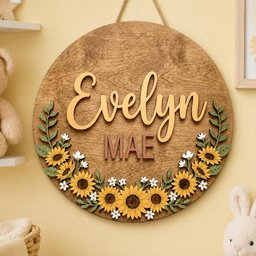 May include: A circular wooden wall sign featuring the name Evelyn in large, light-colored script lettering and the name MAE in smaller, block-style brown lettering. The bottom half is decorated with a wreath of yellow sunflowers and green leaves.