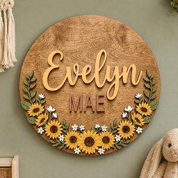 May include: A circular wooden wall sign featuring the name Evelyn in large yellow script lettering and the name MAE in smaller brown block letters. The bottom half is decorated with layered wooden sunflowers and small white flowers.