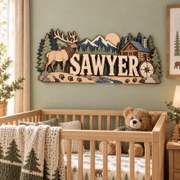 Personalized Hunting Nursery Name Sign, Custom Wooden Elk Mountain Wall Decor, Rustic Cabin Forest Baby Name Plaque, Woodland Boy Room Gift image 2