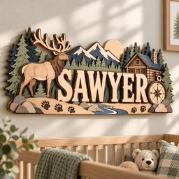 Personalized Hunting Nursery Name Sign, Custom Wooden Elk Mountain Wall Decor, Rustic Cabin Forest Baby Name Plaque, Woodland Boy Room Gift image 3