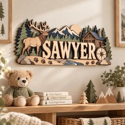 Personalized Hunting Nursery Name Sign, Custom Wooden Elk Mountain Wall Decor, Rustic Cabin Forest Baby Name Plaque, Woodland Boy Room Gift image 4