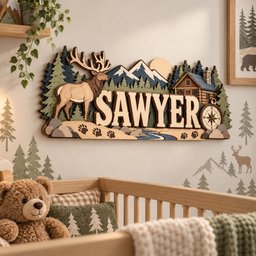 Personalized Hunting Nursery Name Sign, Custom Wooden Elk Mountain Wall Decor, Rustic Cabin Forest Baby Name Plaque, Woodland Boy Room Gift image 5