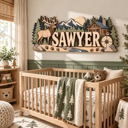 Personalized Hunting Nursery Name Sign, Custom Wooden Elk Mountain Wall Decor, Rustic Cabin Forest Baby Name Plaque, Woodland Boy Room Gift image 6
