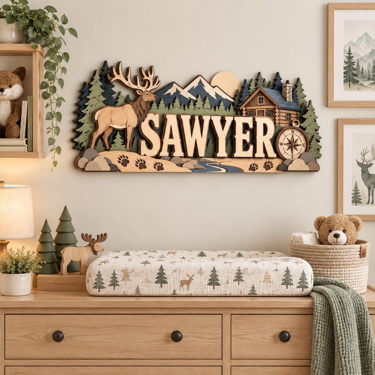 Personalized Hunting Nursery Name Sign, Custom Wooden Elk Mountain Wall Decor, Rustic Cabin Forest Baby Name Plaque, Woodland Boy Room Gift image 1
