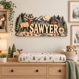 Personalized Hunting Nursery Name Sign, Custom Wooden Elk Mountain Wall Decor, Rustic Cabin Forest Baby Name Plaque, Woodland Boy Room Gift image 1