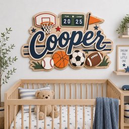 May include: A wooden wall sign featuring the name Cooper in large navy blue script. The design includes a basketball hoop, a scoreboard displaying Team Champ 20 25, an orange flag, and various sports balls including a baseball, basketball, soccer ball, and football.