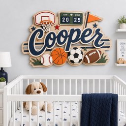 May include: A multi-layered wooden wall sign featuring the name Cooper in dark blue script. The design includes a basketball hoop, a scoreboard displaying Team Champ 20 25, an orange flag, and various sports balls including a baseball, basketball, soccer ball, and football.