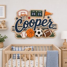 May include: A wooden wall sign featuring the name Cooper in large navy blue script. The design includes a basketball hoop, a scoreboard reading Team Champ 20 25, an orange flag, and four sports balls: a baseball, basketball, soccer ball, and football.