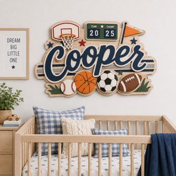 May include: A wooden wall sign featuring the name Cooper in large navy blue script, surrounded by sports icons including a basketball hoop, a scoreboard reading Team Champ 20 25, an orange flag, a baseball, a basketball, a soccer ball, and a football.