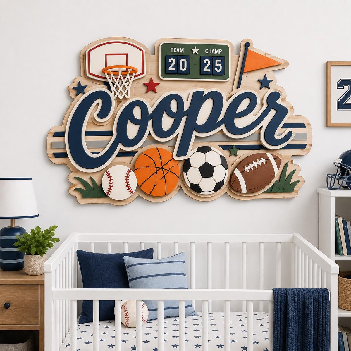 May include: A wooden wall sign featuring the name Cooper in large navy blue script, decorated with a basketball hoop, a scoreboard reading Team 20 Champ 25, an orange flag, and four sports balls: a baseball, basketball, soccer ball, and football.