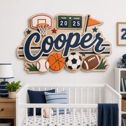 May include: A wooden wall sign featuring the name Cooper in large navy blue script, decorated with a basketball hoop, a scoreboard reading Team 20 Champ 25, an orange flag, and four sports balls: a baseball, basketball, soccer ball, and football.