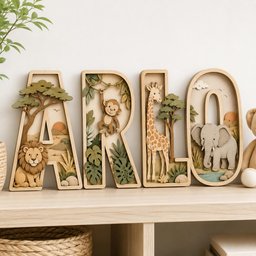 May include: Four wooden letters spelling ARLO, each featuring layered cutouts of safari animals and plants. The letter A shows a lion, R features a monkey, L displays a giraffe, and O contains an elephant. Each letter has a light wood frame.