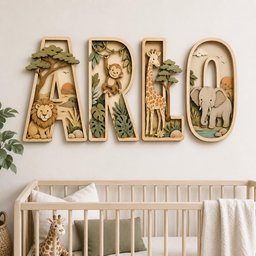 May include: A set of four large wooden letters spelling ARLO, each featuring layered 3D cutouts of safari animals and scenery. The letter A contains a lion, R a monkey, L a giraffe, and O an elephant, all rendered in natural wood tones.