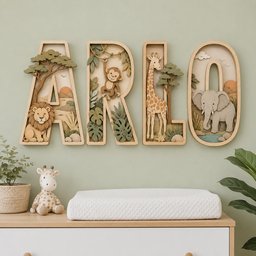 May include: A set of four wooden wall letters spelling ARLO, each featuring layered 3D cutouts of jungle animals including a lion, monkey, giraffe, and elephant, set against a light green wall above a white changing pad and a plush giraffe toy.