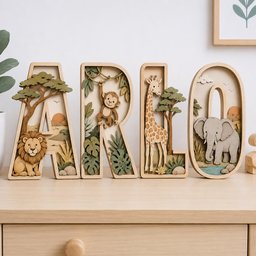 May include: Four wooden letters spelling ARLO, each featuring layered cutouts of jungle animals and scenery. The letter A shows a lion and tree, R a monkey in vines, L a giraffe and tree, and O an elephant near water, all in natural wood tones.