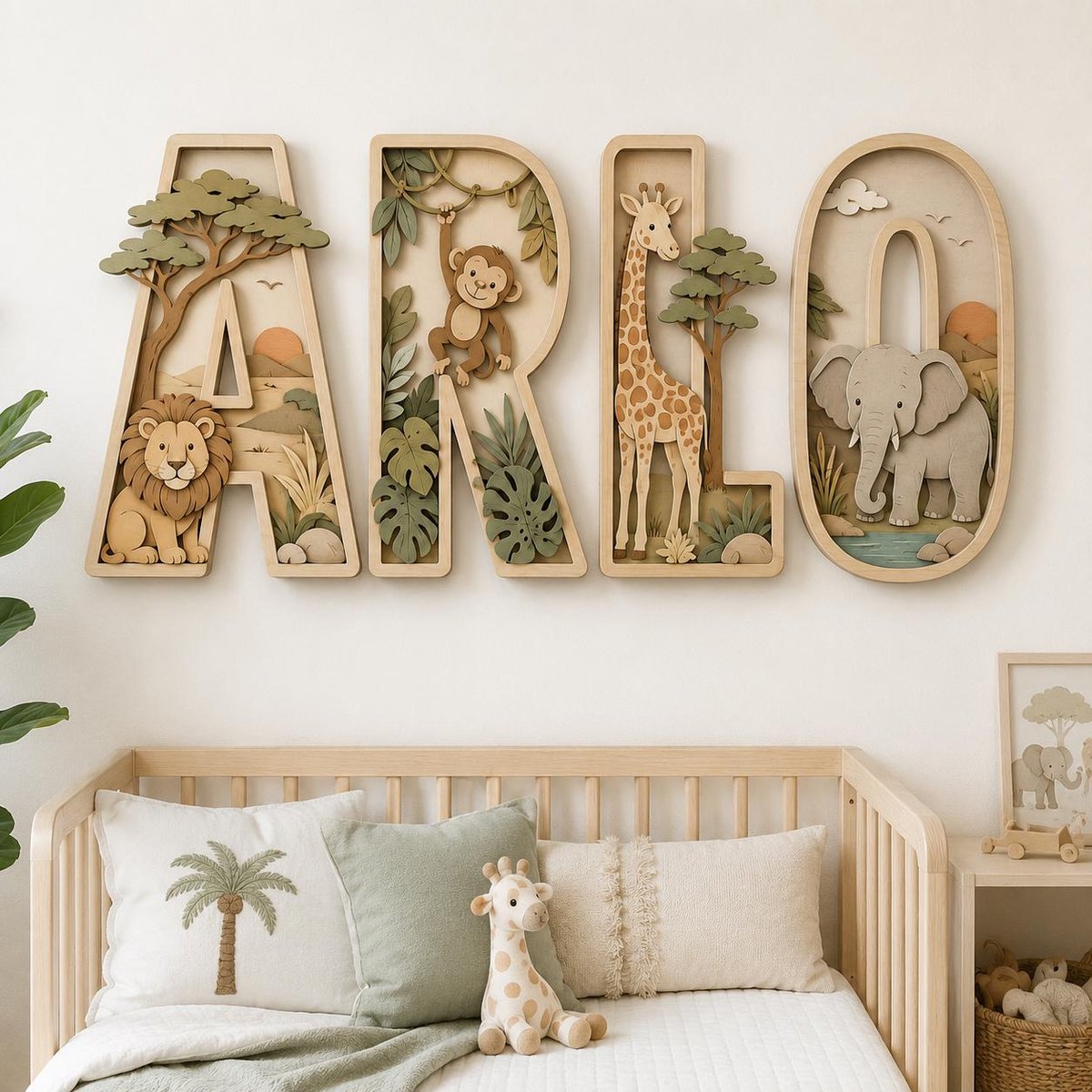 May include: Four large, light-colored wooden letters spelling ARLO, each featuring layered, three-dimensional cutouts of safari animals and scenery. The letter A features a lion, R a monkey, L a giraffe, and O an elephant, all in a savanna setting.