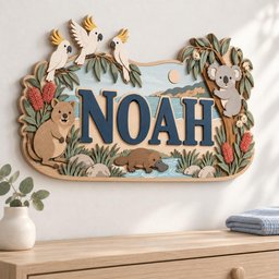May include: A wooden wall sign featuring the name NOAH in large dark blue letters. The design includes layered cutouts of three white cockatoos, a koala in a tree, a quokka, and a platypus, accented with green foliage and red flowers.