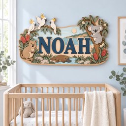 May include: A multi-layered wooden wall sign featuring the name NOAH in large dark blue letters. The scene includes a quokka, a platypus, a koala in a tree, and three white cockatoos with yellow crests, all set against a painted landscape.