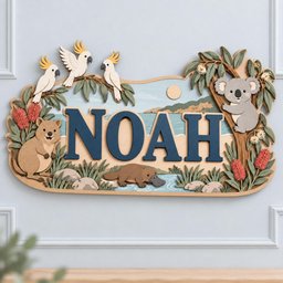 May include: A decorative wooden wall sign featuring the name NOAH in large dark blue letters. The scene includes a koala in a tree, a quokka, a platypus, and three white cockatoos with yellow crests, all set against a landscape with a sun.