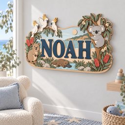 May include: A layered wooden wall sign featuring the name NOAH in large dark blue letters. The scene depicts Australian wildlife including a koala in a tree, three white cockatoos, a quokka, and a platypus, set against a landscape with a river.