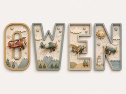 May include: Four decorative wooden letters spelling OWEN, each featuring a unique aviation theme. The letters include miniature airplanes, clouds, stars, mountains, trees, a sun, and a lighthouse, all rendered in muted tones of blue, green, and tan.