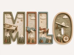 May include: Four wooden wall letters spelling MILO, each featuring a layered 3D scene with airplanes, clouds, stars, mountains, and pine trees. The letter M is olive, I is terracotta, L is blue-gray, and O is a light wood oval frame with a compass.