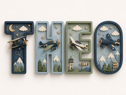 May include: Four decorative wall letters spelling THEO, each featuring a layered 3D scene with airplanes, clouds, stars, mountains, and trees. The letters are colored in shades of navy blue, light blue, and sage green with wooden accents.
