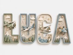 May include: Four large, three-dimensional wooden letters spelling LUCA. Each letter features layered cutouts of airplanes, clouds, stars, mountains, pine trees, waves, and a lighthouse in muted shades of blue, green, cream, and brown.
