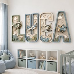 May include: Four large, three-dimensional wooden letters spelling LUCA, each featuring intricate layered cutouts of airplanes, clouds, stars, mountains, trees, waves, and a lighthouse in shades of blue, green, and cream, mounted on a wall.