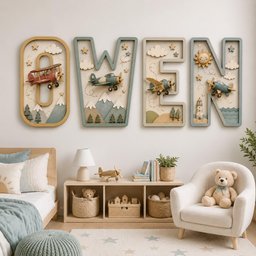 May include: Four large wooden letters spelling OWEN, each featuring a unique 3D scene with airplanes, clouds, stars, mountains, trees, a sun, and a lighthouse. The letters are painted in muted tones of yellow, blue, and green, mounted on a wall.