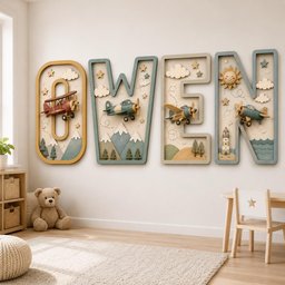 May include: A set of four large, three-dimensional wall letters spelling the name OWEN. Each letter features a unique aviation theme with miniature airplanes, clouds, stars, mountains, trees, a lighthouse, and a sun in muted earth tones.