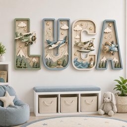 May include: Four large, three-dimensional wall letters spelling LUCA. Each letter features a unique scene with miniature airplanes, clouds, stars, mountains, trees, waves, and a lighthouse in shades of blue, green, and cream.