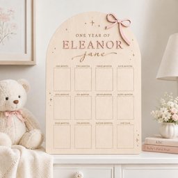 May include: An arched wooden milestone board featuring the text ONE YEAR OF ELEANOR JANE, a pink bow accent, and twelve rectangular photo frames labeled from one month to one year, decorated with small star icons engraved on the light wood surface.